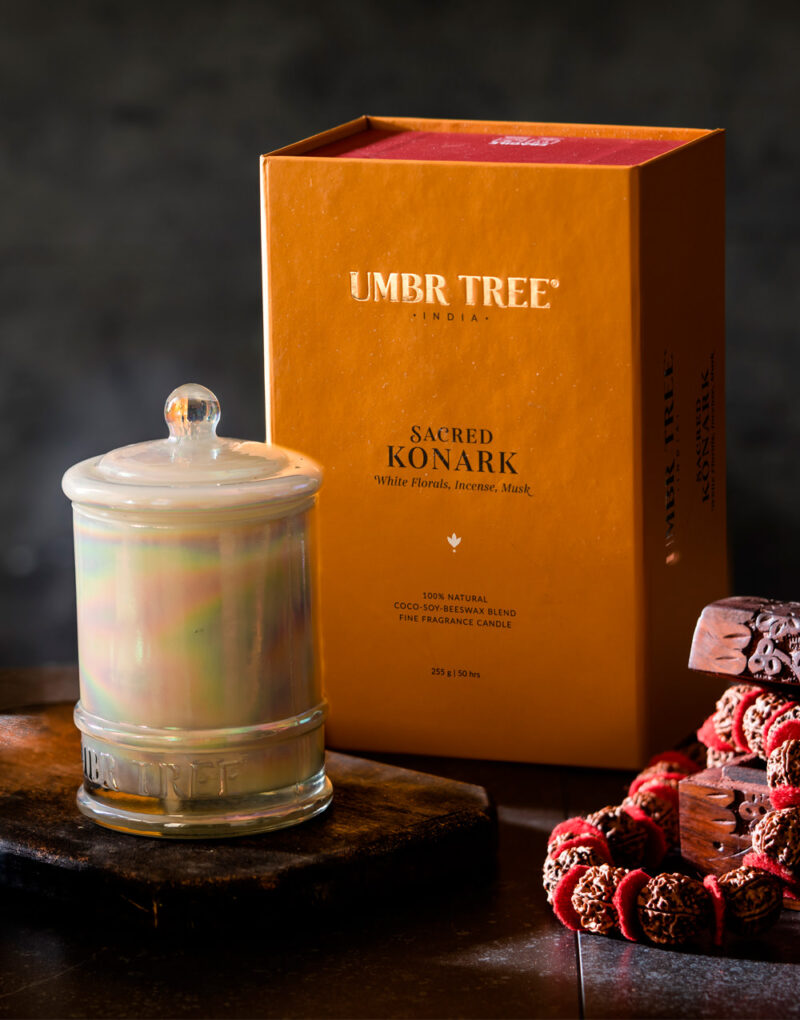 Umbr Tree fine home fragrance candle. Soul of India Collection. Sacred Konark. White florals, incense, musk, ghee, sweets, sugar, wet stones. Home perfume. Soy wax, Coconut wax, palm wax, bees wax. All natural wax fragrance candles. Scented candles. Bangalore India candles. gift set candles. Fragrance gift set candles. Home perfume candles. Gift set candles. Candle shop. Fine Home Fragrance Shop.